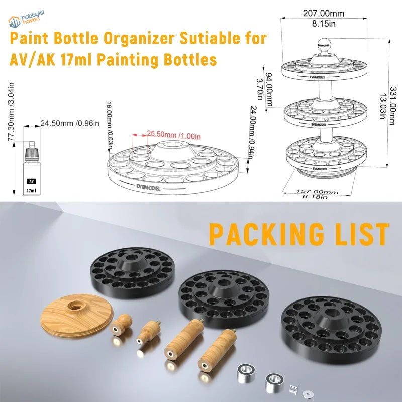 Rotating paint bottle organizer in black plastic and wood with three tiers holds 17ml vallejo and ak paint bottles