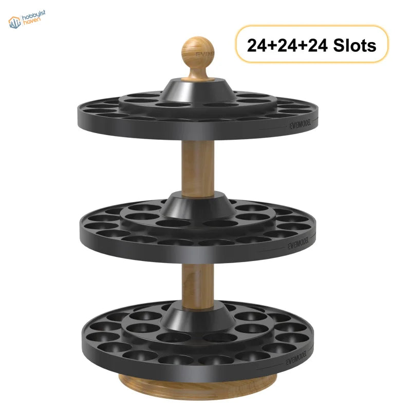 Three-tiered black plastic rotating paint bottle organizer with wooden accents and 72 slots for Vallejo AK Ammo or Citadel bottles