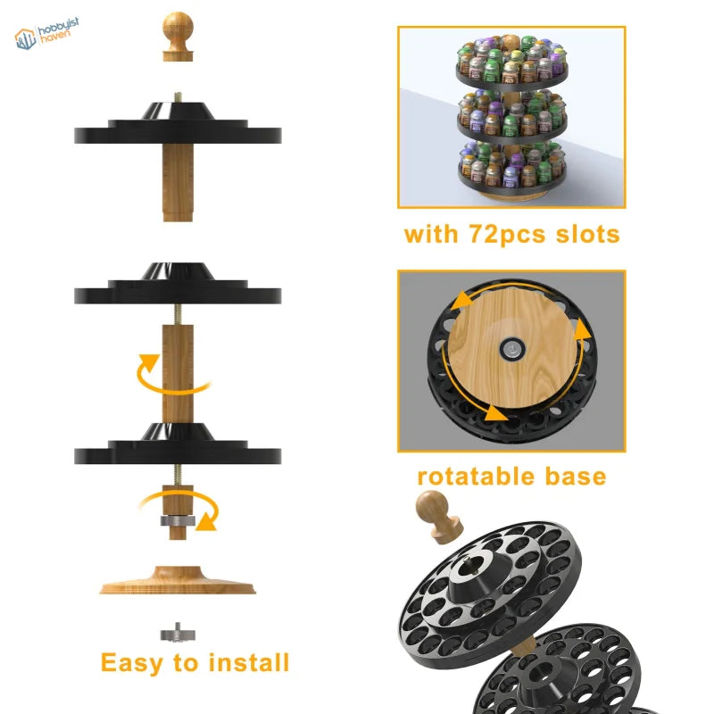 Three-tiered rotating paint bottle organizer with black plastic tiers and wooden accents for bottle storage
