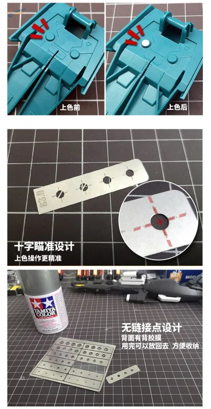 Teal Gundam parts with red marks using round shape airbrush template set