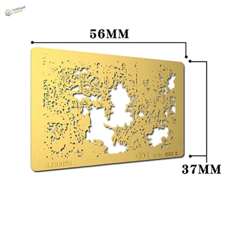 Gold corrosion stencil with irregular landscape patterns for scale modeling tools