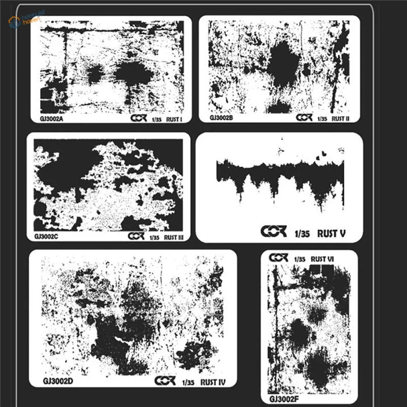 Rust and corrosion stencils for 1/35 scale modeling tools with rust patterns I-VI