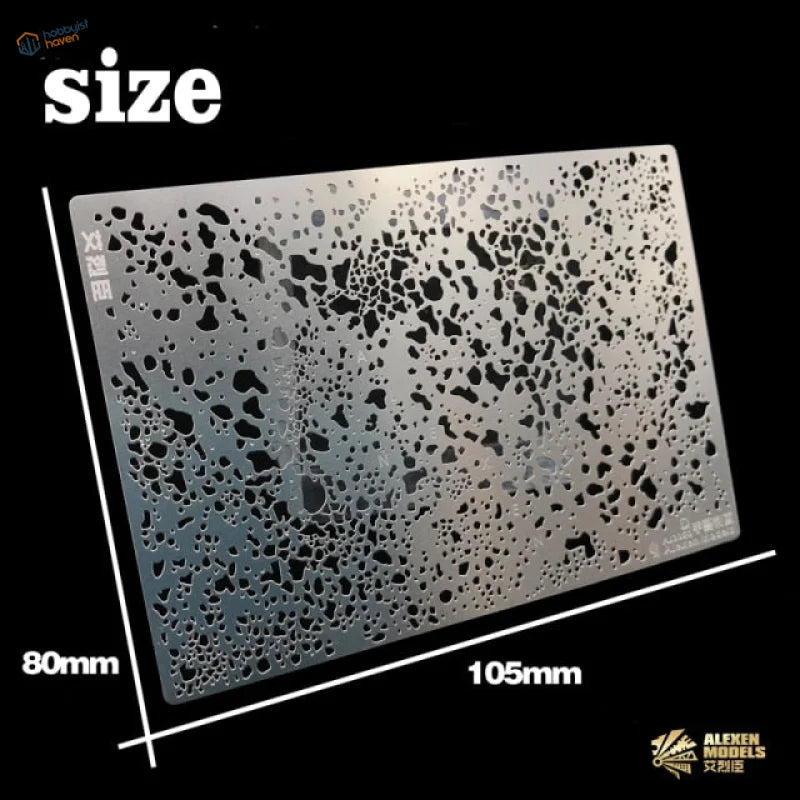 Silver metallic rust mold stencil with speckled black holes for scale modeling