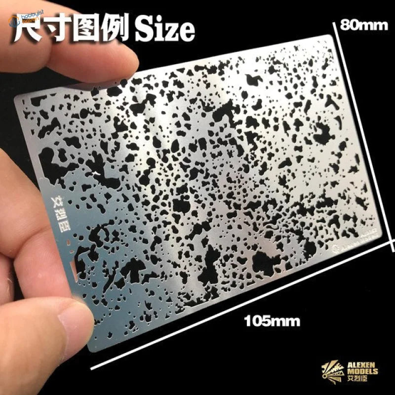 Rust mold stencil with speckled silver metal for scale modeling