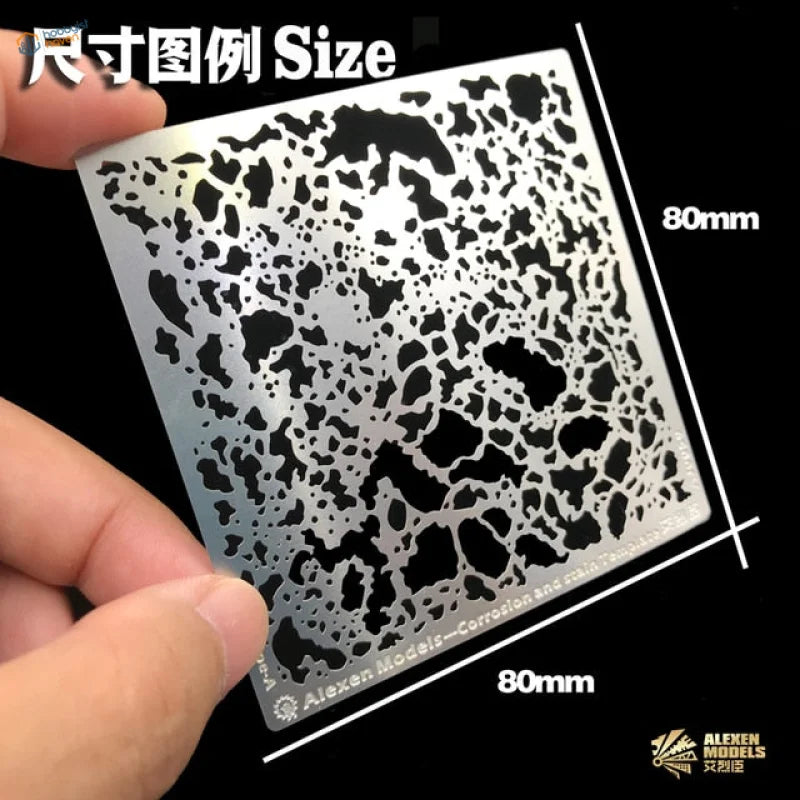 Silver rust mold stencil with corroded cutouts for scale modeling