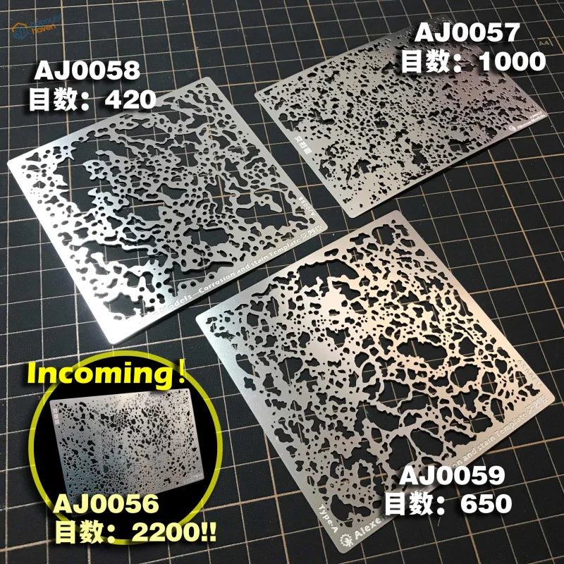 Silver rust mold stencils with corrosion cutouts for scale modeling