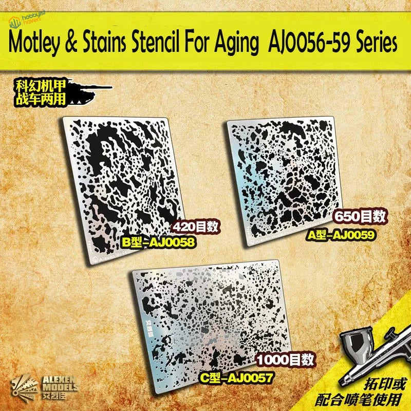 Silver rust mold stencils for scale modeling, intricate black patterns with model numbers