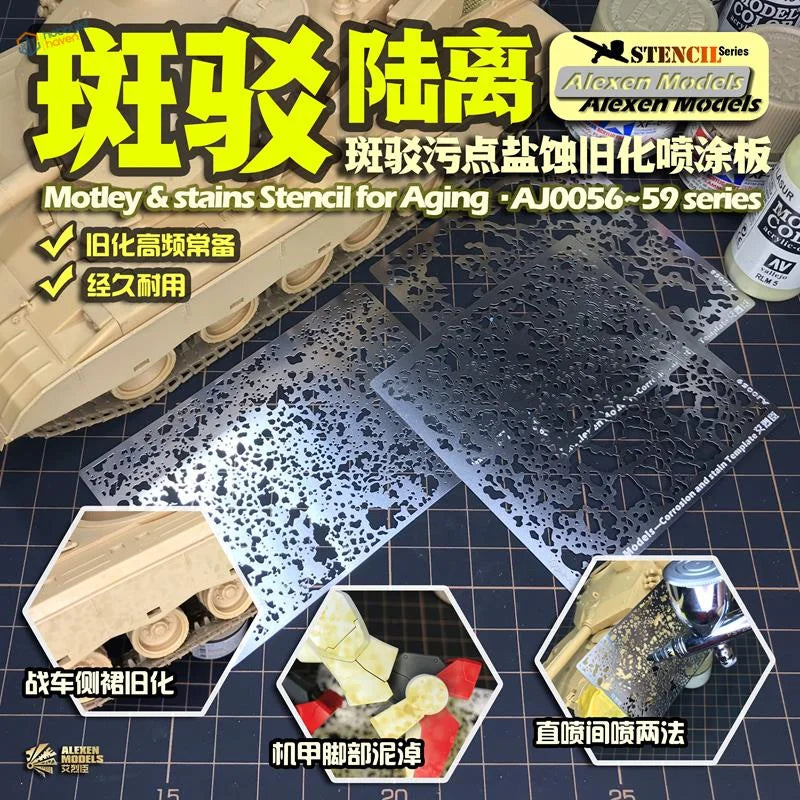 Silver rust mold stencils with perforated patterns for scale modeling tanks