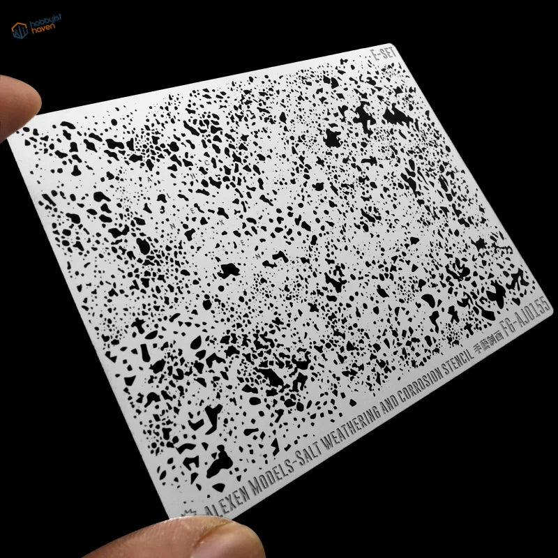 White rectangular salt weathering and corrosion stencil with black speckled pattern for precision hobby tools by alexen models