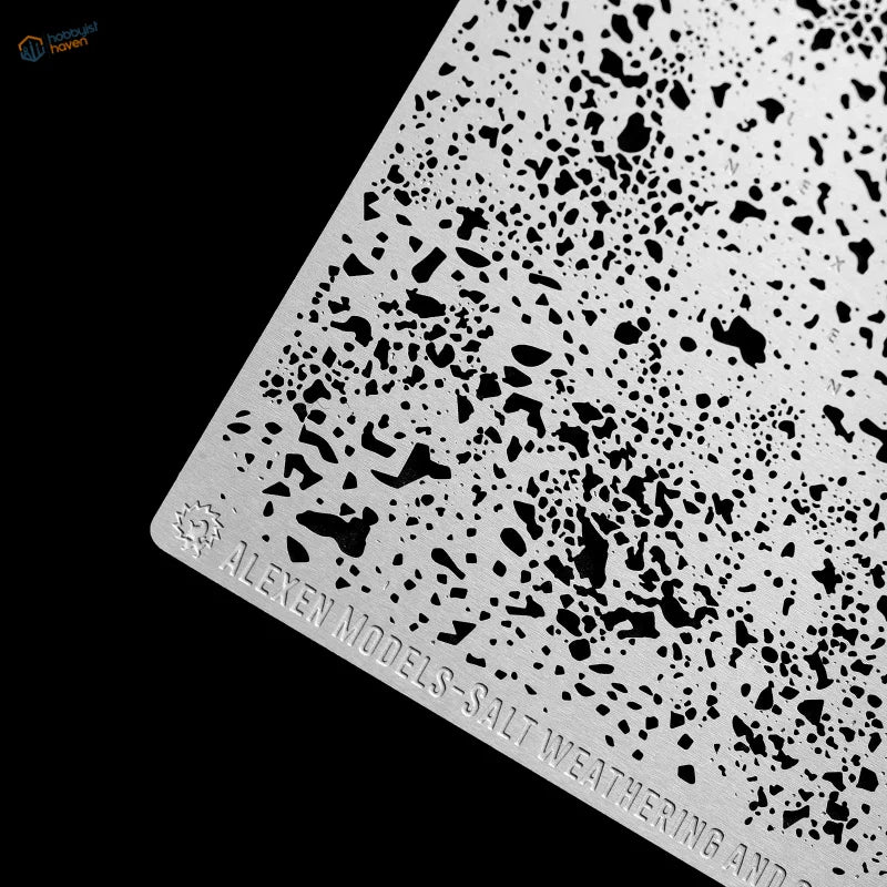 Silver metal salt weathering and corrosion stencil with speckled black terrazzo pattern for precision hobby tools