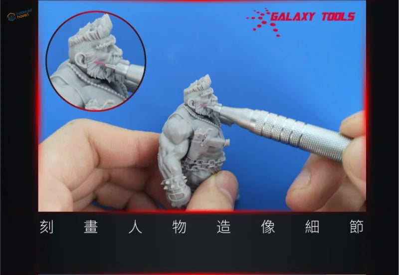 Hand detailing gray muscular bearded figurine with sanding pen refill