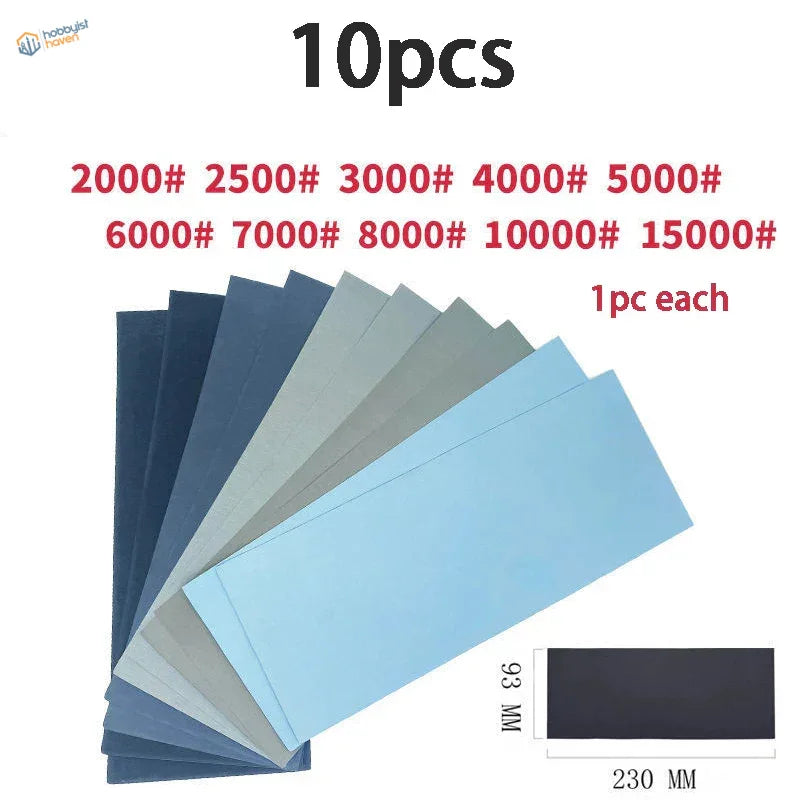 Premium sandpaper set of 10 abrasive sheets in blue gray tones 230x93mm