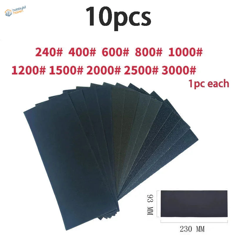 Premium sandpaper set: 10 black sheets 230mm x 93mm, 240# to 300# grits
