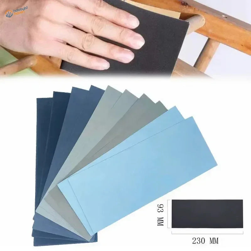 Premium sandpaper set: black 93mm x 230mm sheets fanned in blue-gray shades