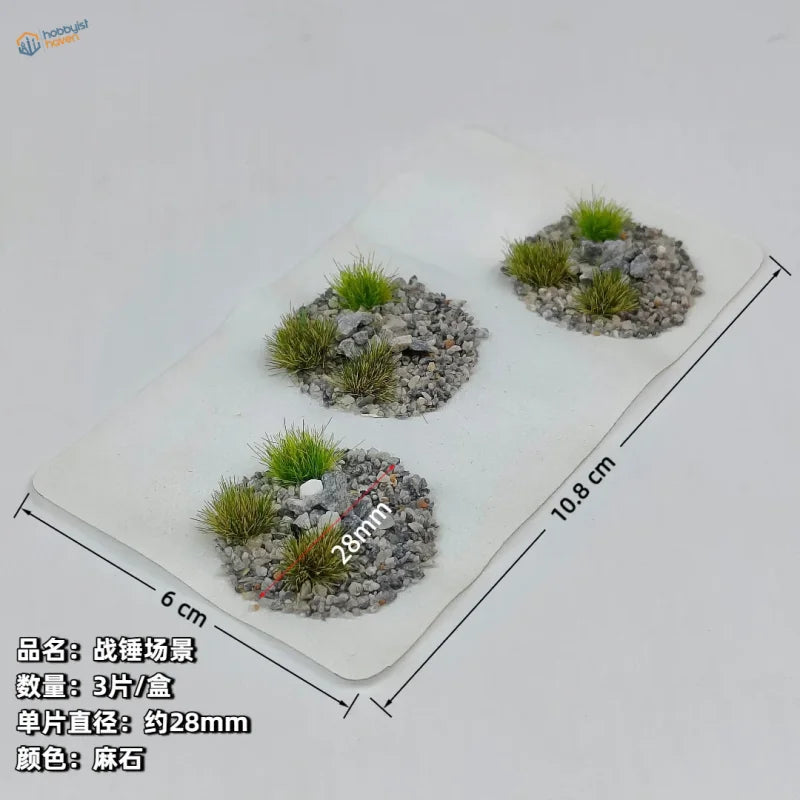 Gray stone base toppers with green grass and small rocks for wargaming miniatures scale modeling tools