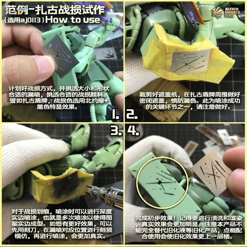 Green mobile suit model kit with scratches stencils for weathering effects