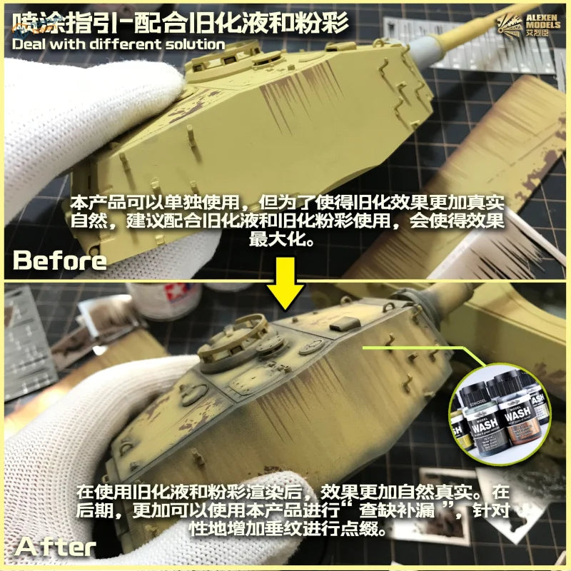 Yellow tank model with weathered scratches stencils, scale modeling tools
