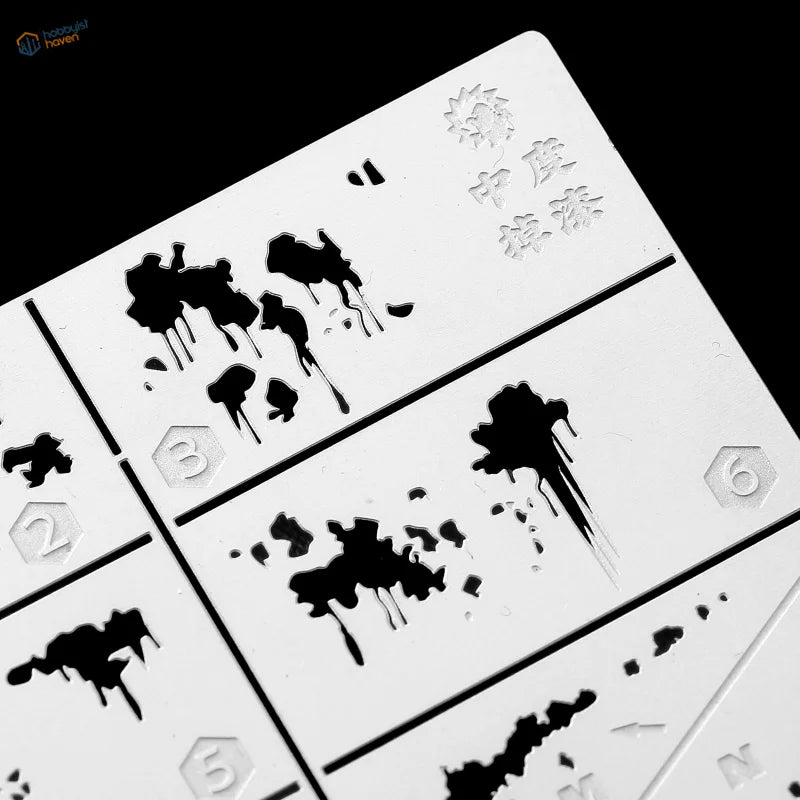 White plastic scratches stencils with black ink weathering effects for scale modeling