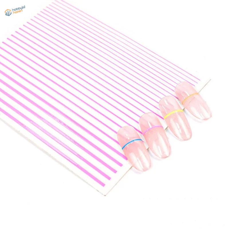 Pink white striped nail art stripe stickers sheet with sample nails