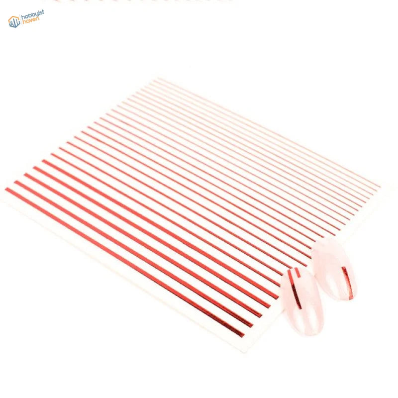 Rose gold stripe stickers with parallel stripes, shown with pink nails for scale