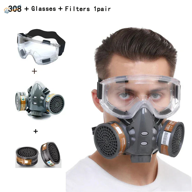 Gray 308 face dust mask with clear goggles and interchangeable filters