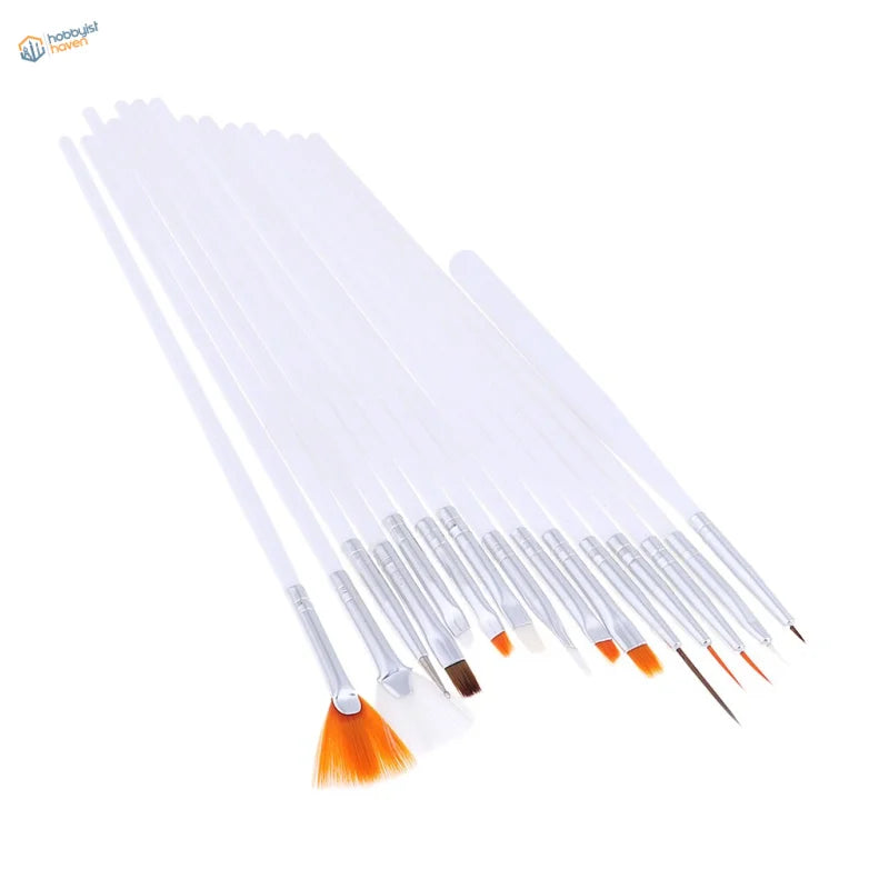 Set of 15 special shape brushes with white handles and orange brown bristles
