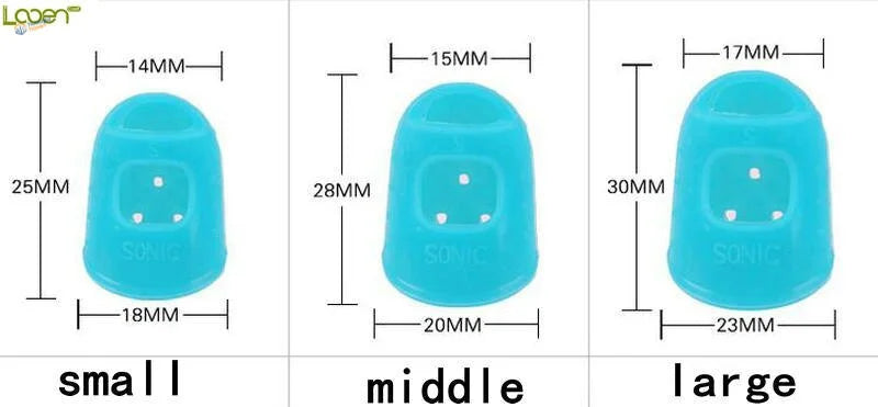 Blue silicone finger protectors in small, middle, large sizes