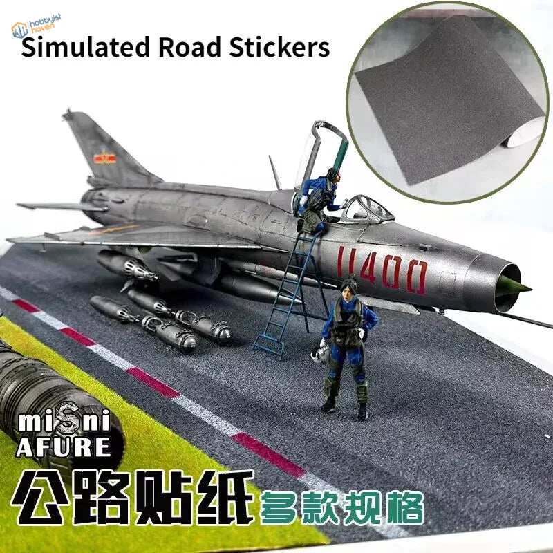 Gray simulated asphalt stickers with red white road markings for dioramas