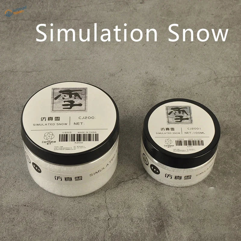 Two white Simulated Snow jars with black lids for scale modeling tools
