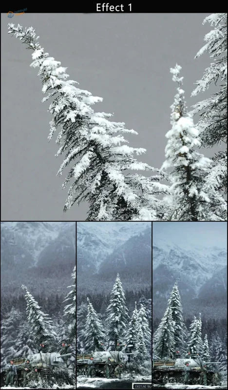 Simulated snow on evergreen trees with white frost for scale modeling tools