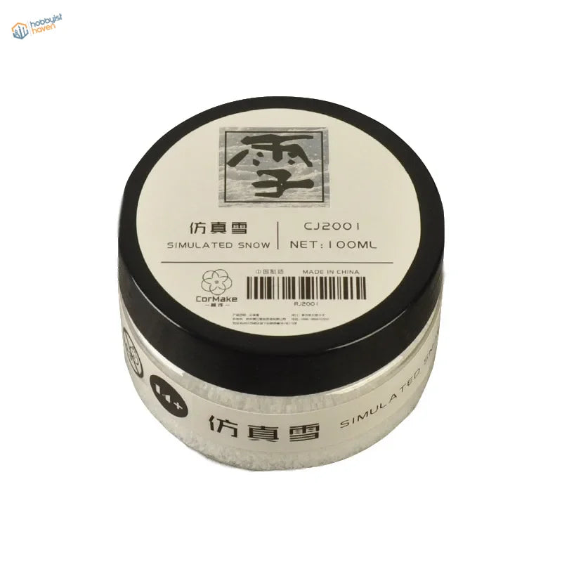 Simulated snow in white jar with black lid, scale modeling tool