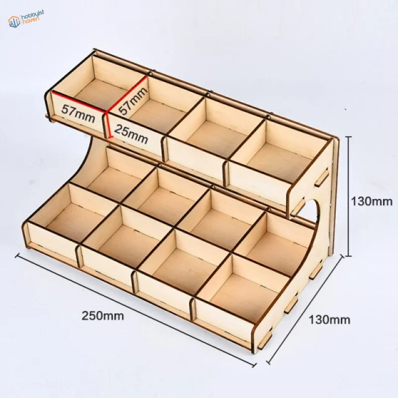 Small parts organizer rack with light wood compartments and laser-cut edges
