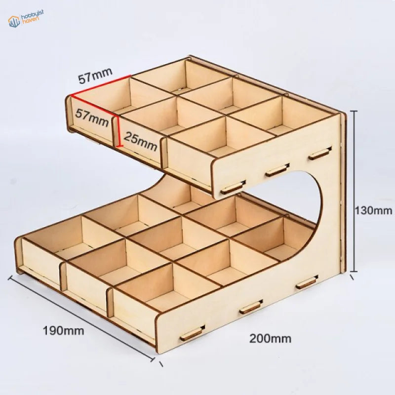 Small parts organizer rack: light wooden 2-tier 12-compartment with curved handle