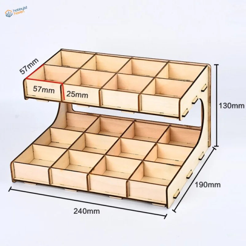 Small parts organizer rack with 18-compartment two-tiered wood design