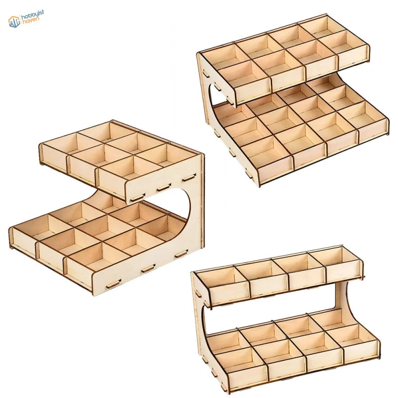 Light-colored wooden small parts organizer rack with two tiers