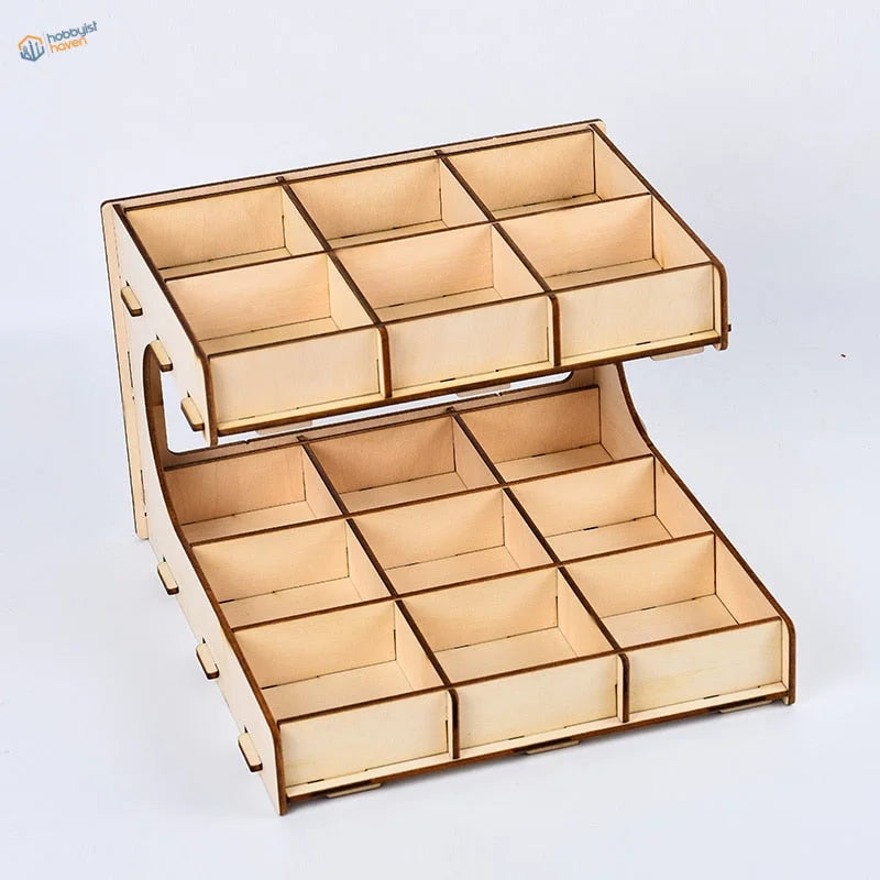 Two-tiered small parts organizer rack with nine wooden compartments