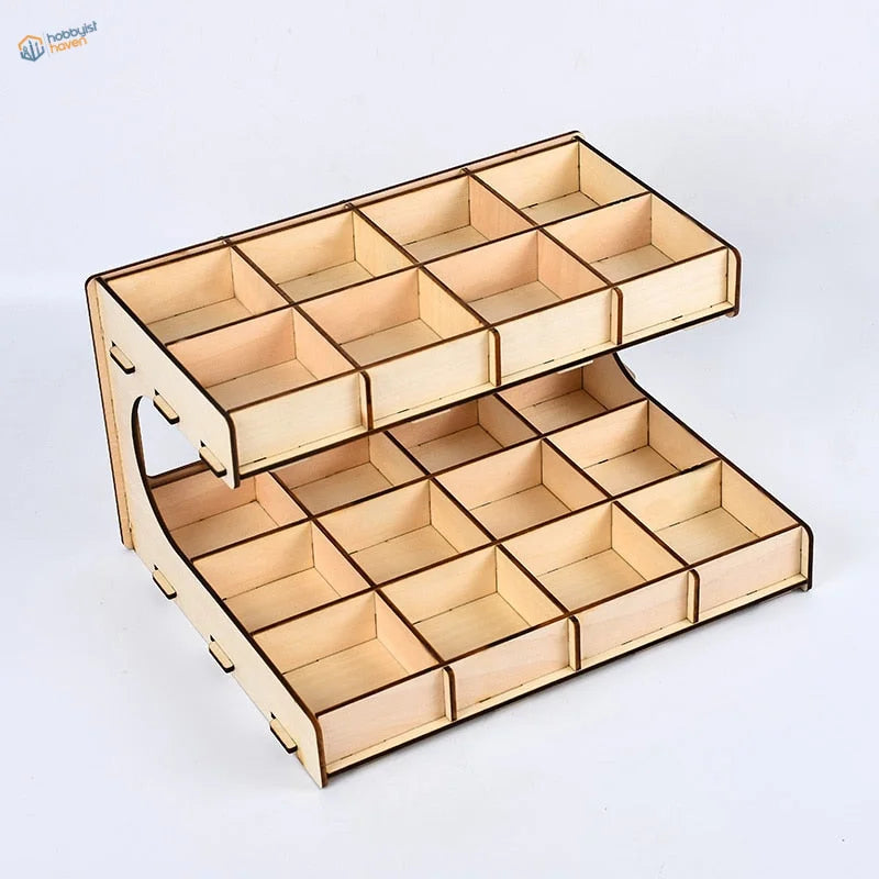 Two-tiered small parts organizer rack with 18 wooden compartments