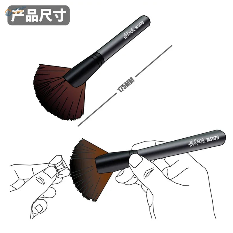 Soft fan-shaped model cleaning brush with black handle and dense brown bristles