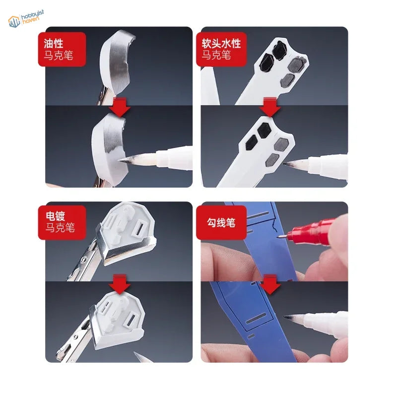 White plastic model kit parts painted with Soft-tipped Panel Liner Cleaner markers