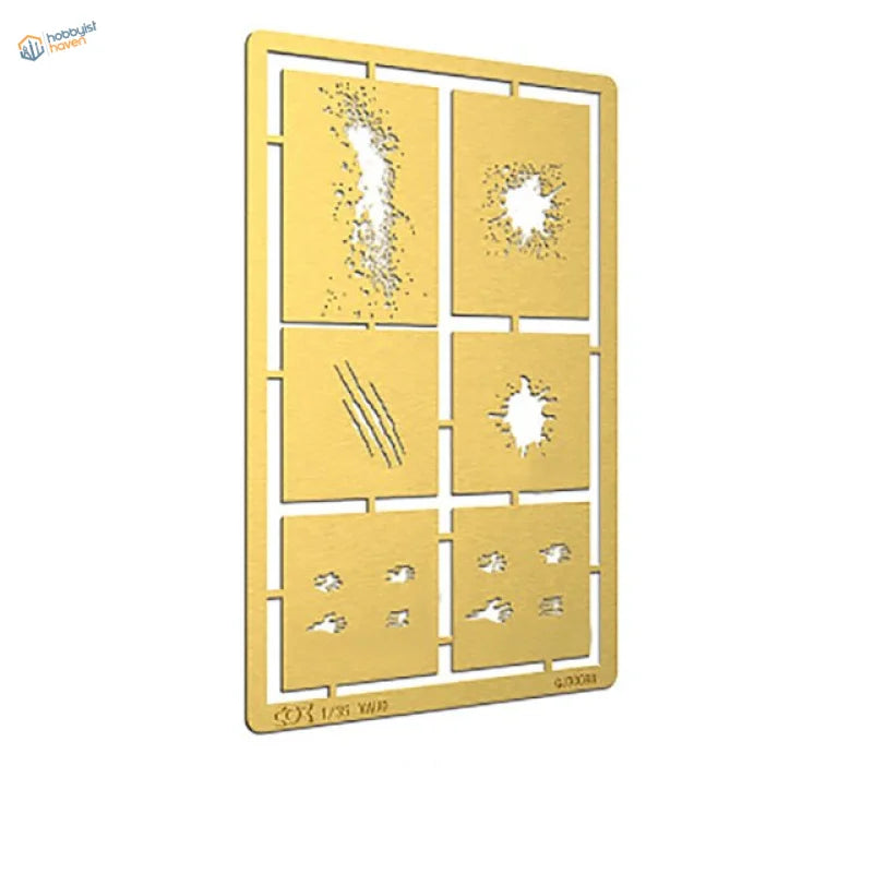 Gold plastic sheet with bullet holes, scratches, cracks for weathering effects