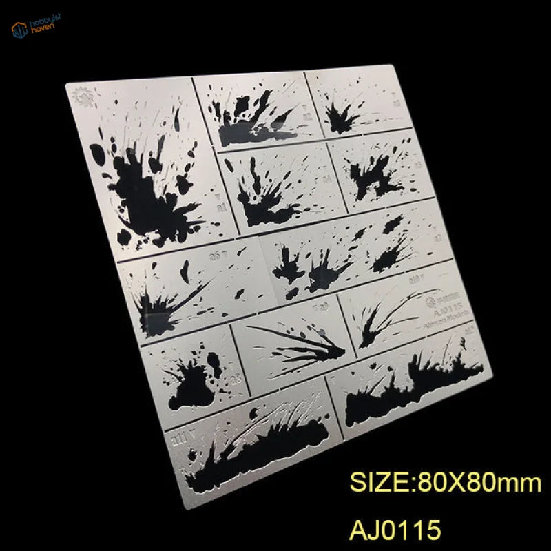 Splashing sludge stencils: silver metal sheet with black ink splatter grid
