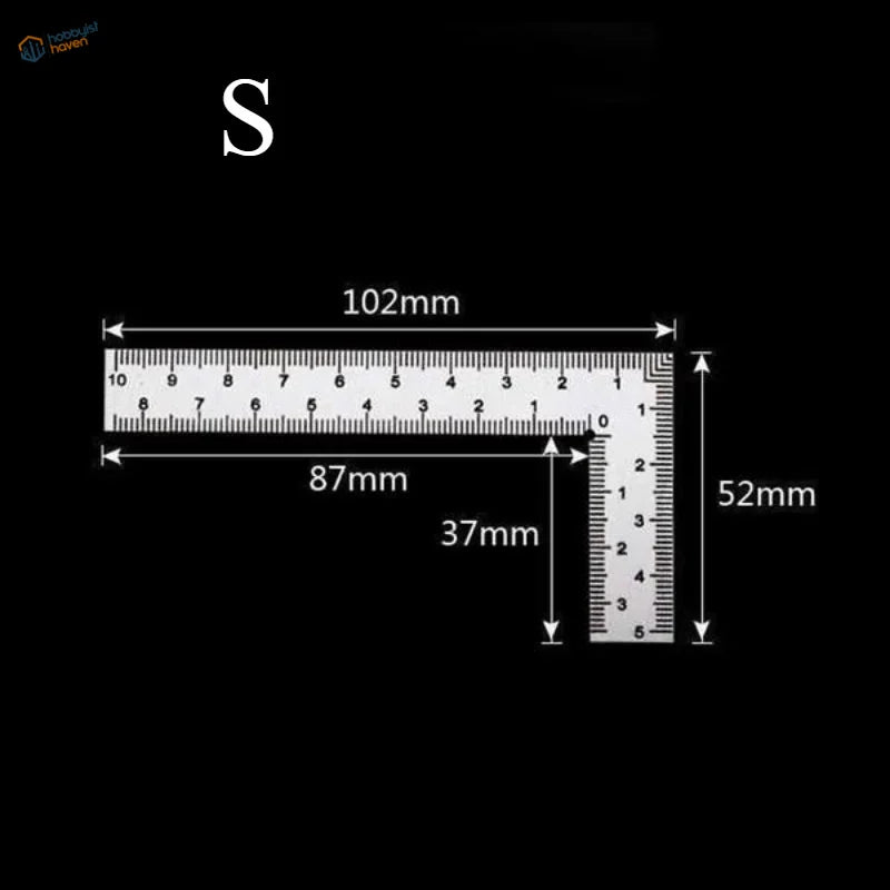 Silver l-shaped compact stainless steel mini try square with black measurement markings and precise ruler edges