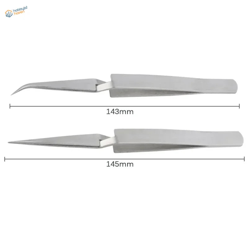Stainless steel reverse tweezers, curved and straight, 143 and 145 mm