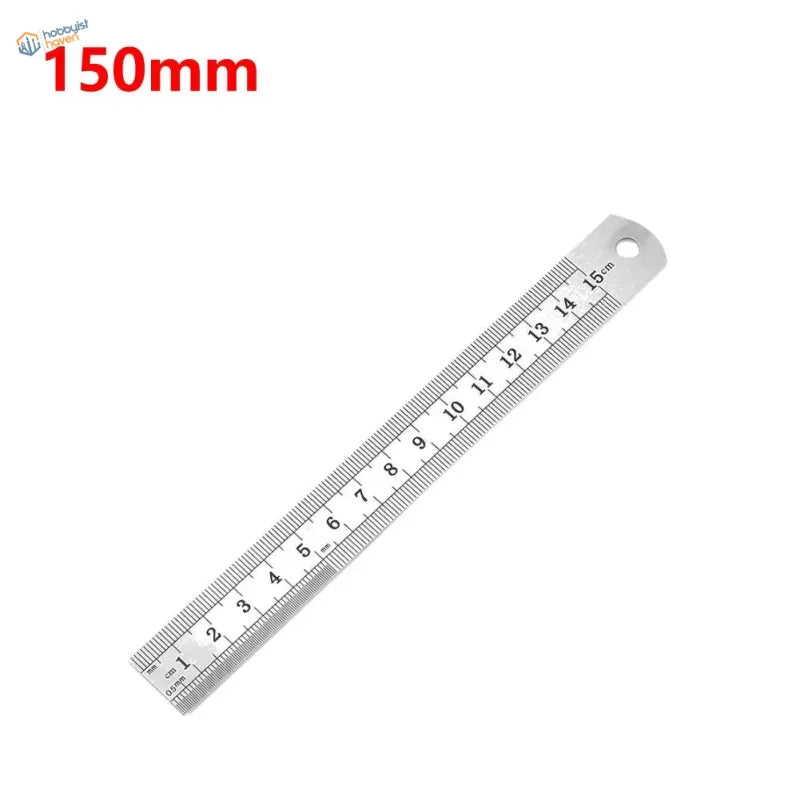 A sleek 150mm stainless steel ruler with clear metric and imperial markings for scale modeling precision