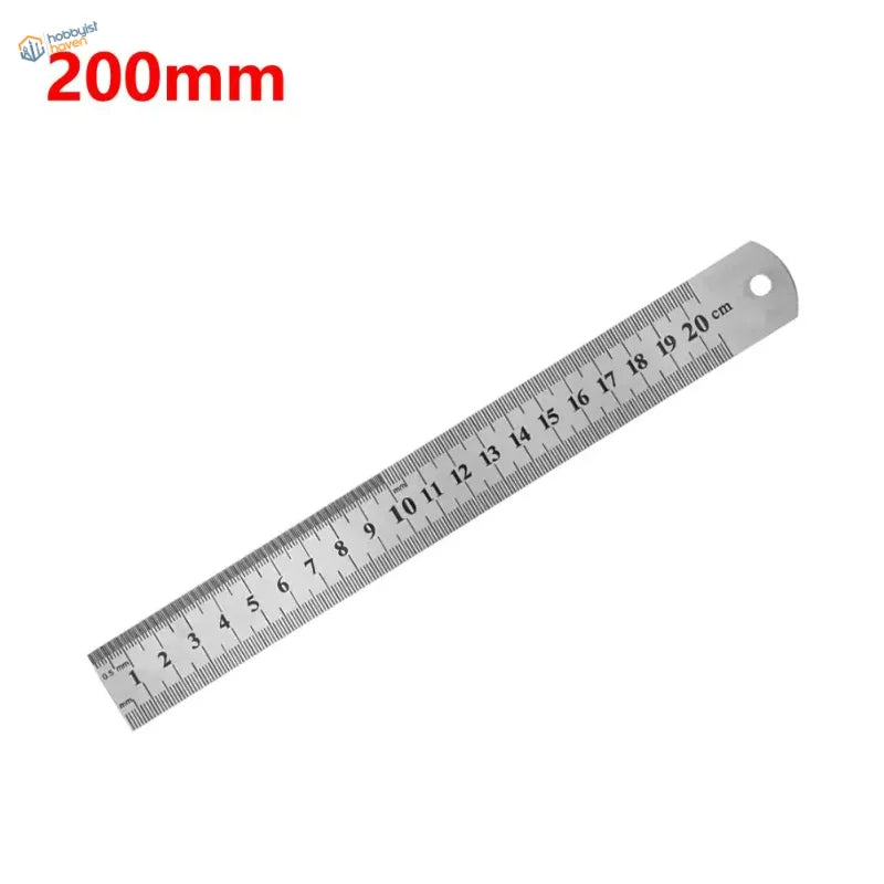 Silver 200mm stainless steel ruler with black markings and hole for scale modeling precise measurements