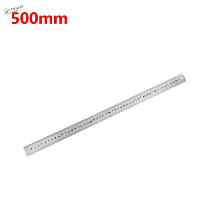 Silver 500mm stainless steel ruler with black numerical markings and hole for scale modeling precision