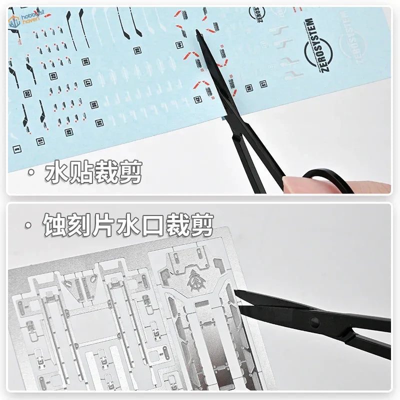 Stainless steel scissors cutting decals from zerosystem light blue sticker sheet