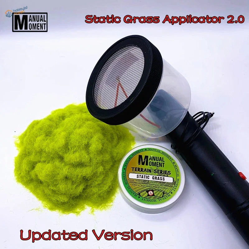 Static grass applicator 2.0 with black handle, clear body, black mesh screen