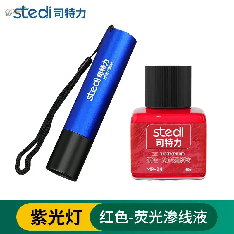 Stedi 365nm UV light with black blue flashlight, wrist strap, and fluorescent panel liner dye