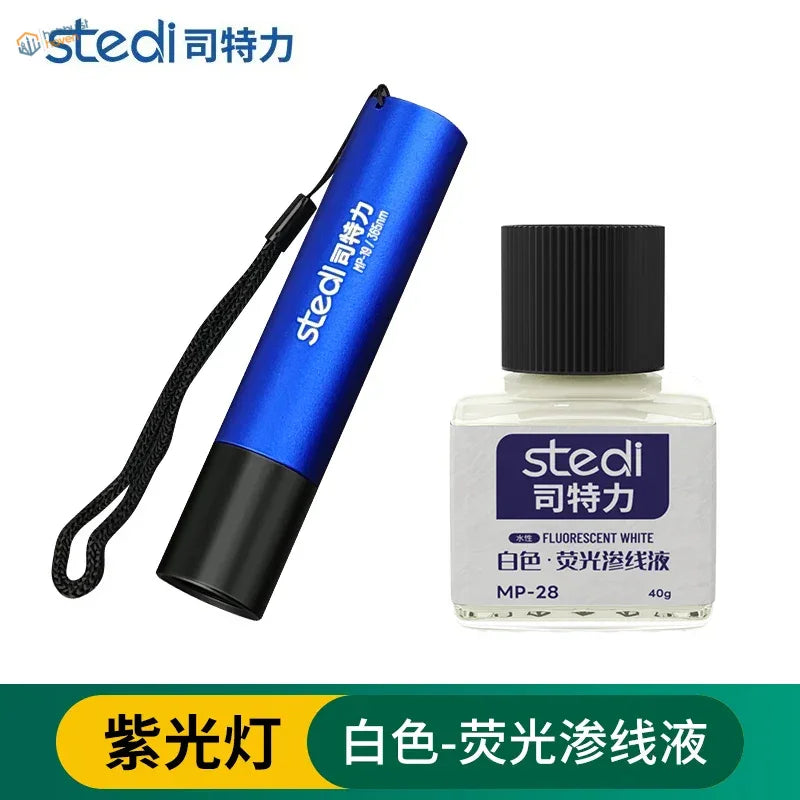Stedi 365nm UV light set with blue black flashlight and fluorescent panel liner ink